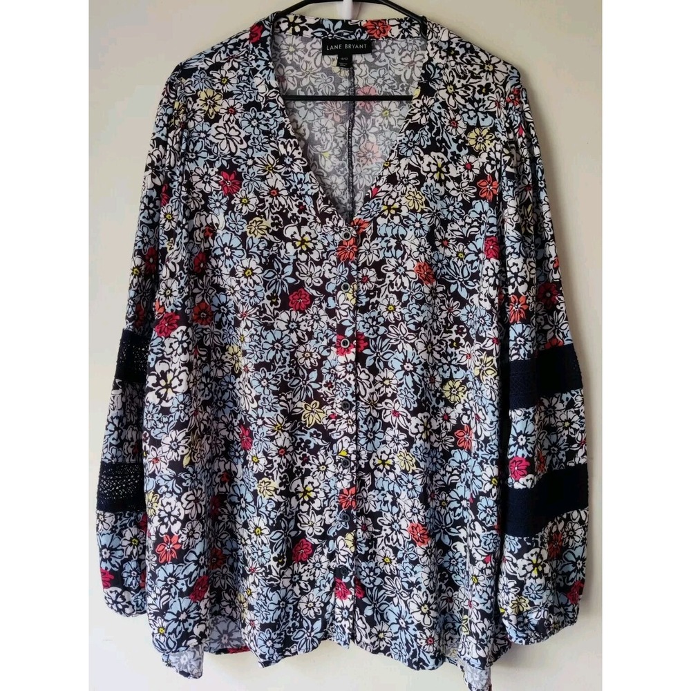Lane Bryant Floral Tunic Blouse Women Size 10/12 Long Sleeve Navy Crochet Detail